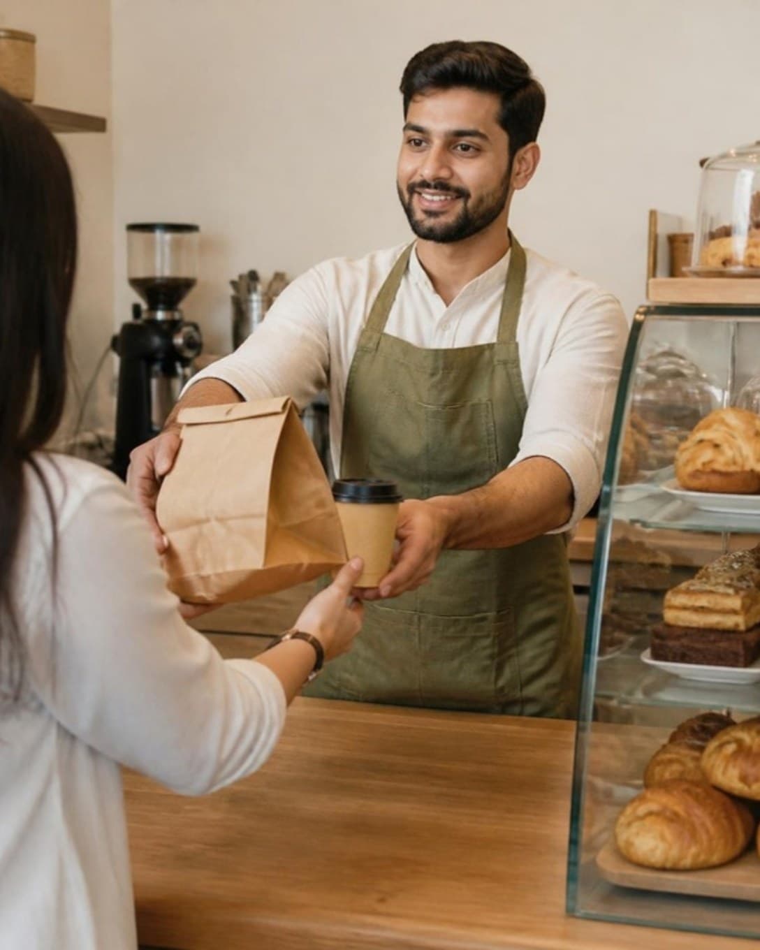 Cafe staff handing a takeaway order to a guest at the counter
