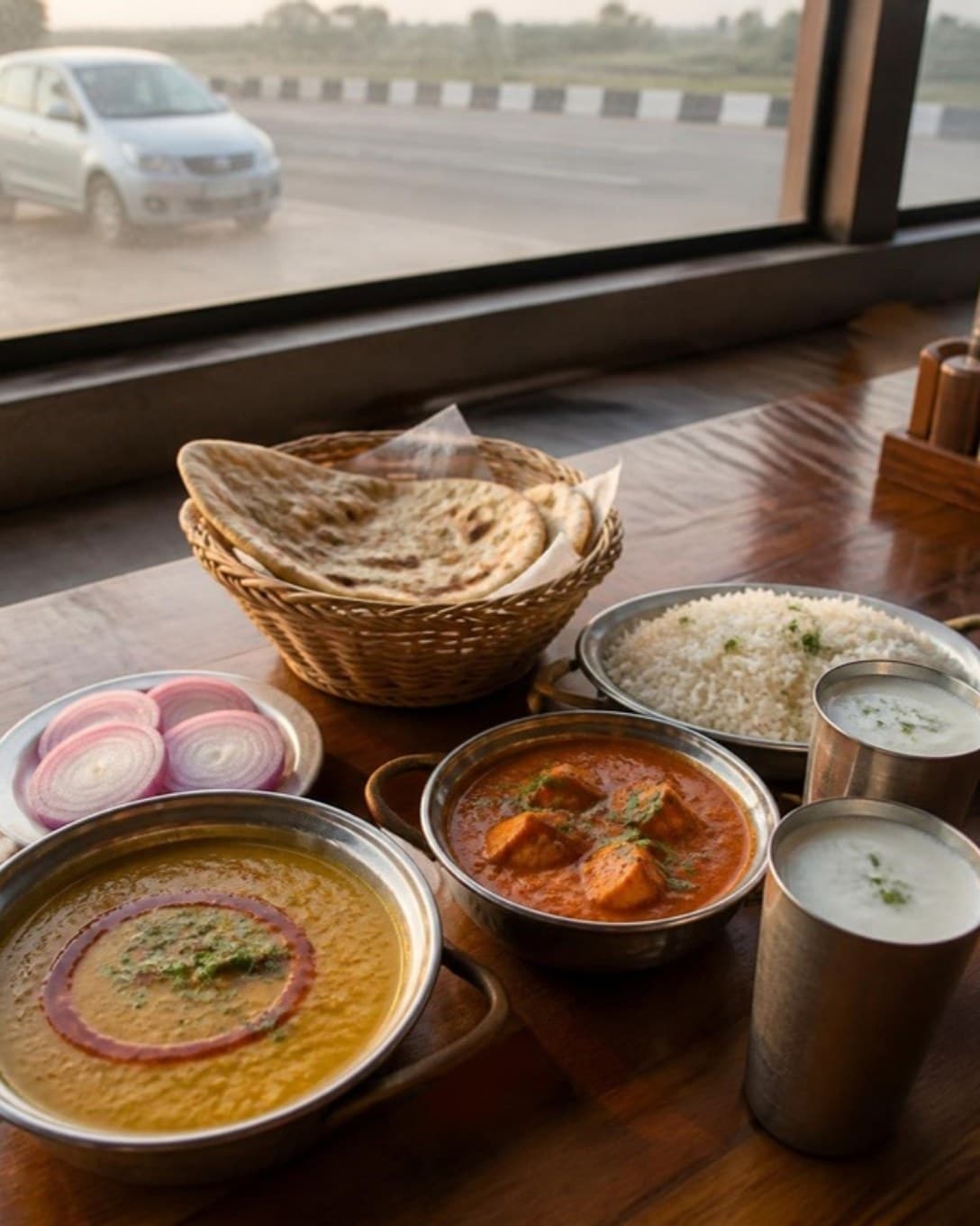 Dal tadka, paneer and tandoori roti on a highway dhaba table