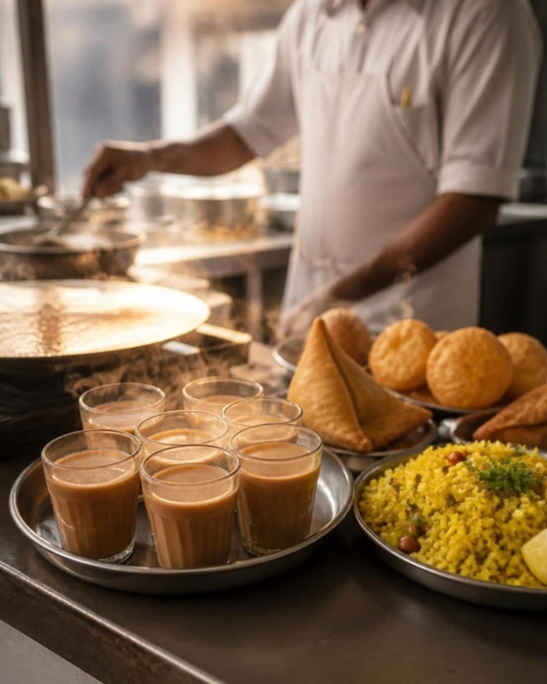 Cutting chai, samosa and poha at a tea and snack counter