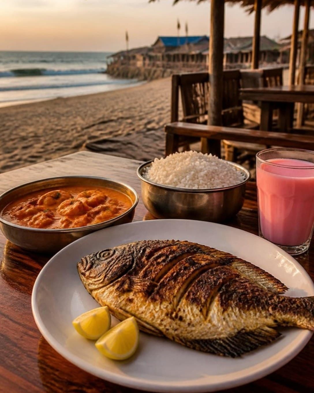 Grilled fish, prawn curry and rice on a beachside restaurant table