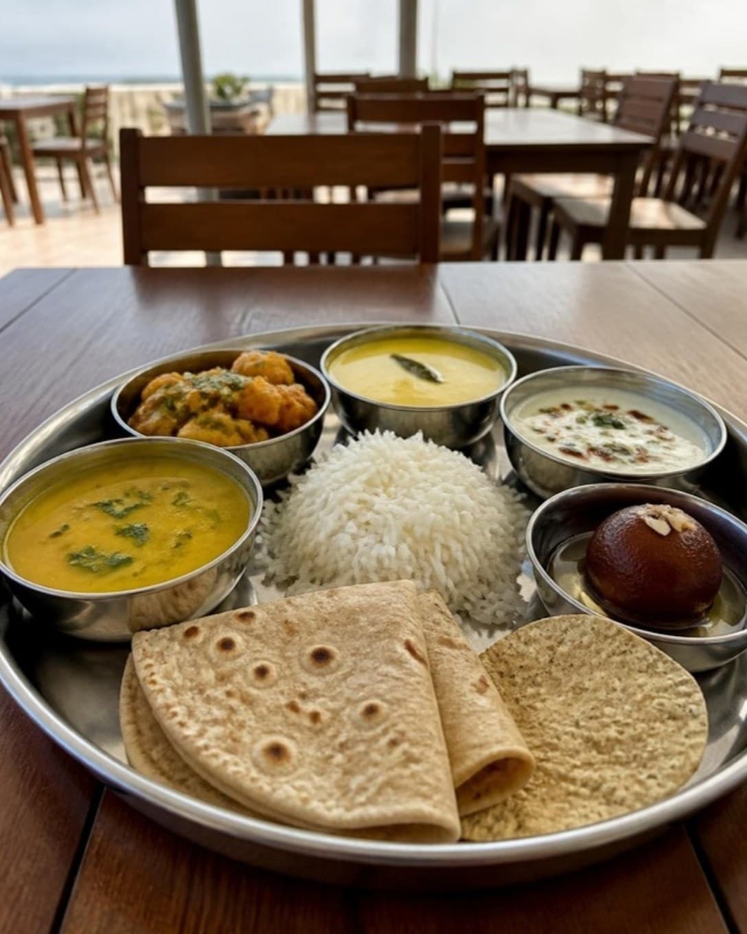 Gujarati thali served at a resort restaurant table