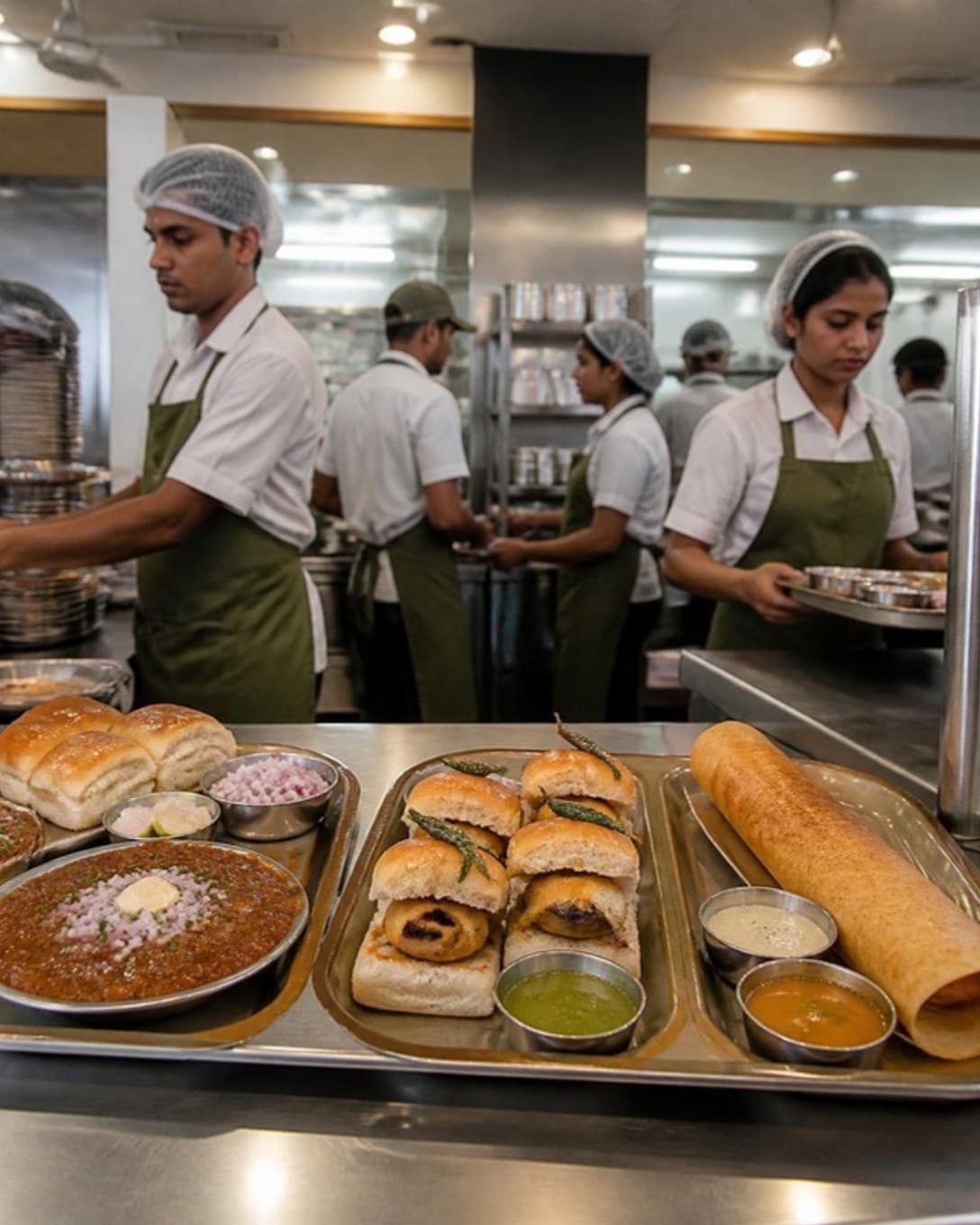 Staff serving pav bhaji and dosa at a busy quick-service counter