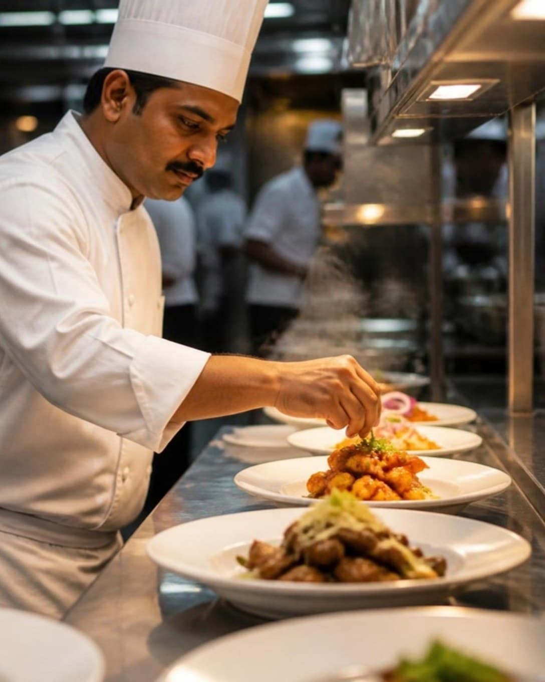 Chef plating dishes at the kitchen pass