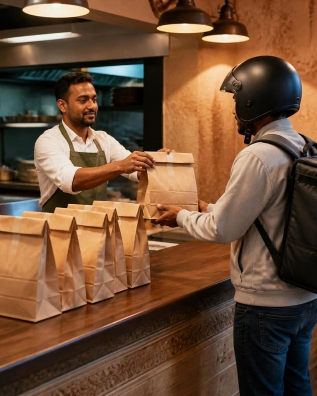 Restaurant staff handing packed orders to a delivery rider