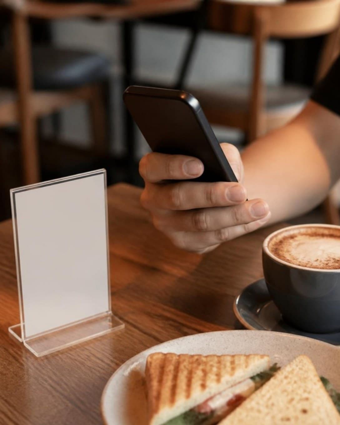 Guest ordering on a phone beside a table stand in a cafe