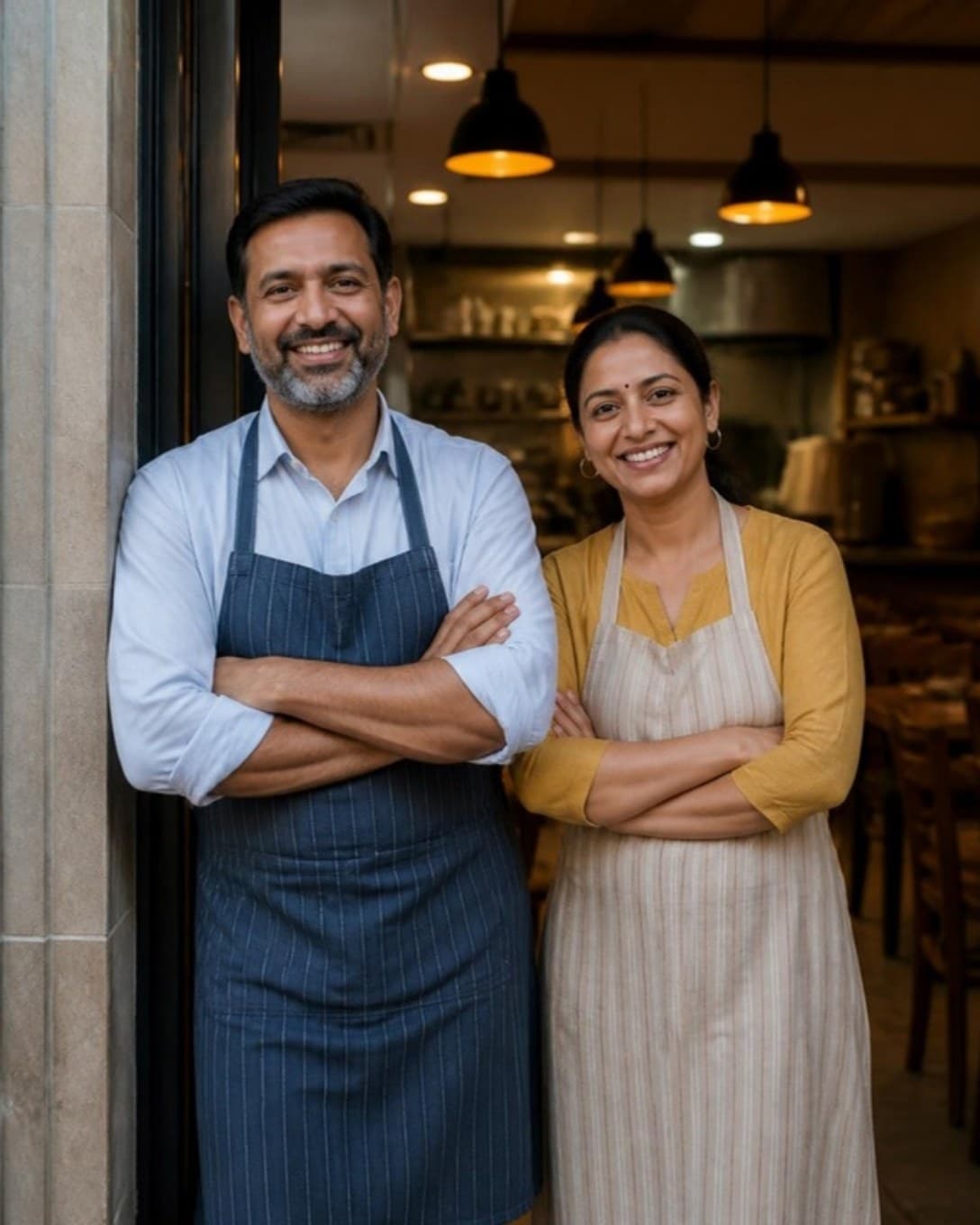 Two restaurant owners standing at their outlet entrance