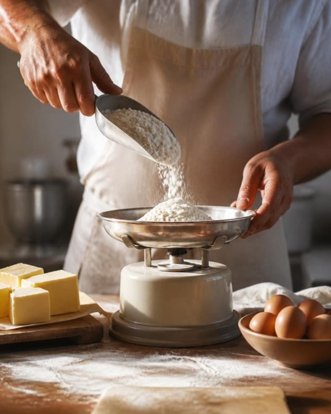 Baker weighing flour on a kitchen scale