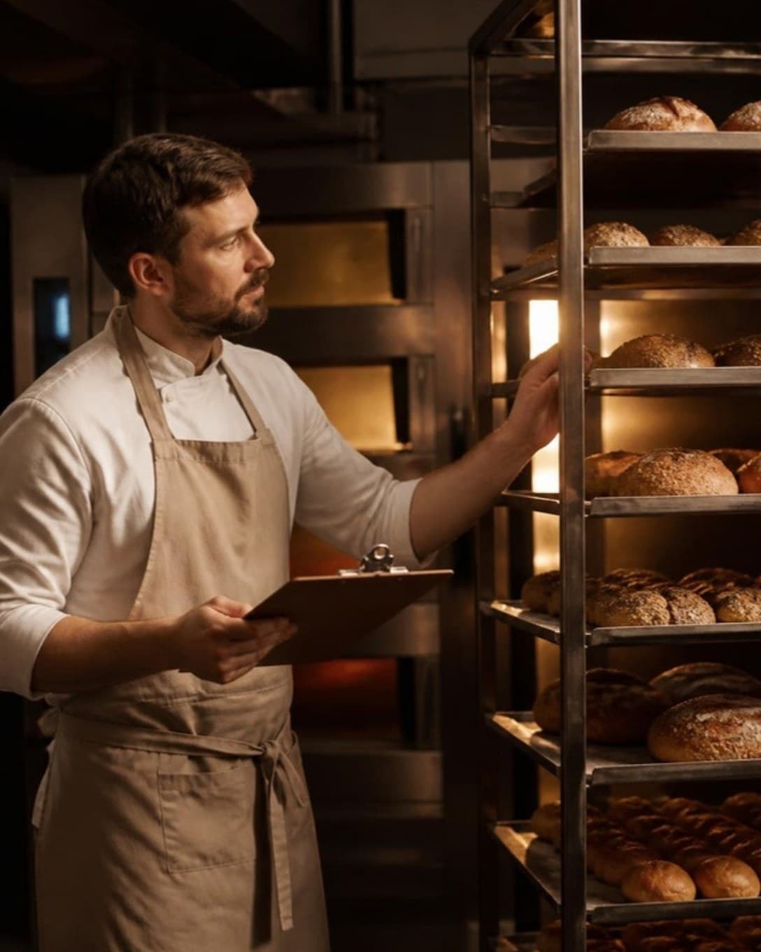 Baker checking racks of bread trays with a clipboard
