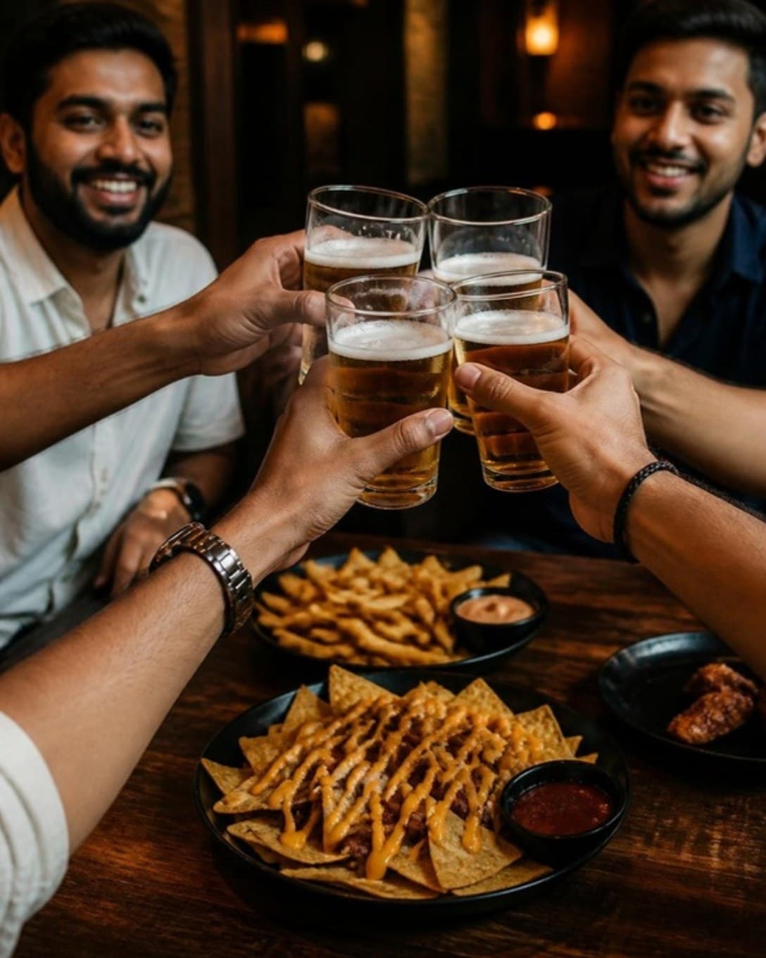 Friends clinking beer glasses over a pub table