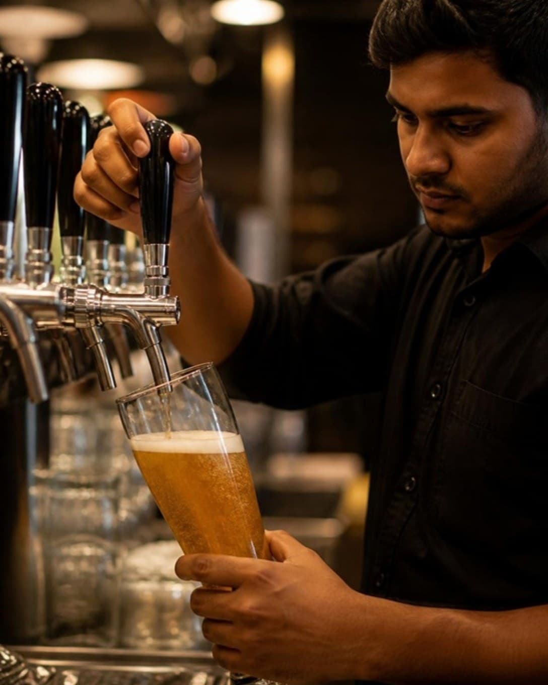 Bartender pouring draught beer from a tap