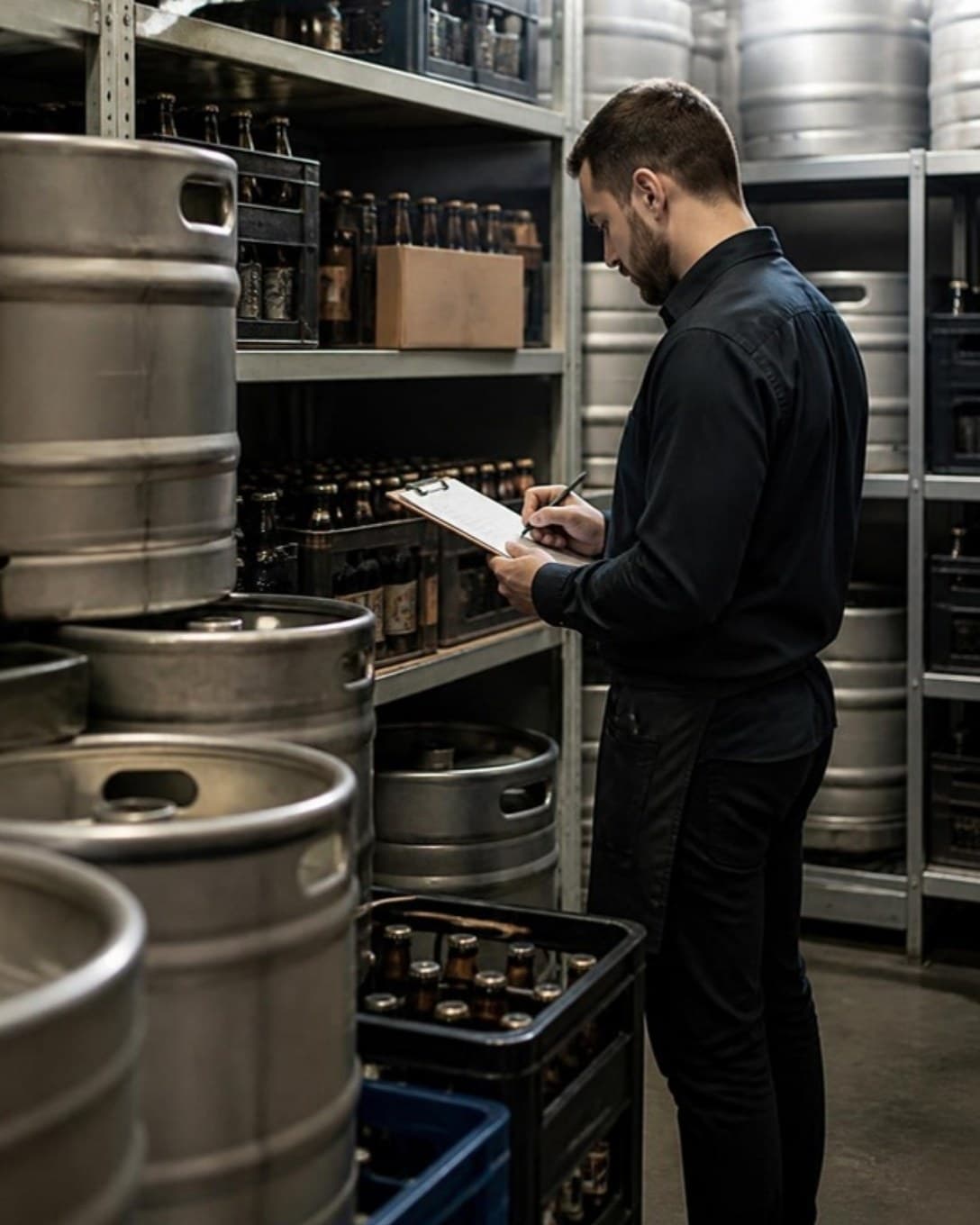 Staff member counting kegs and bottles in a bar store room