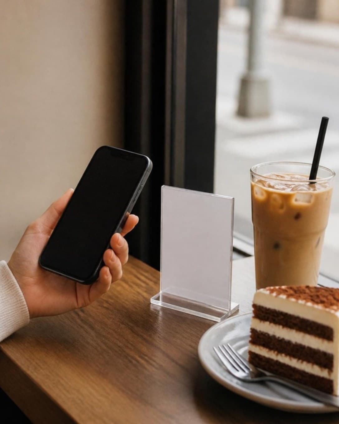 Guest holding a phone beside a table stand in a cafe