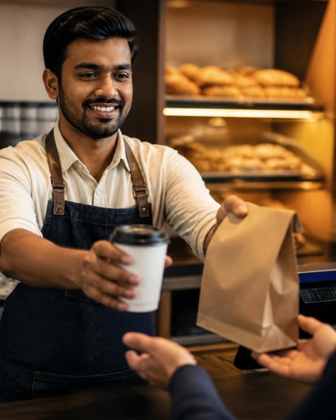 Barista handing a takeaway cup and bag across the counter