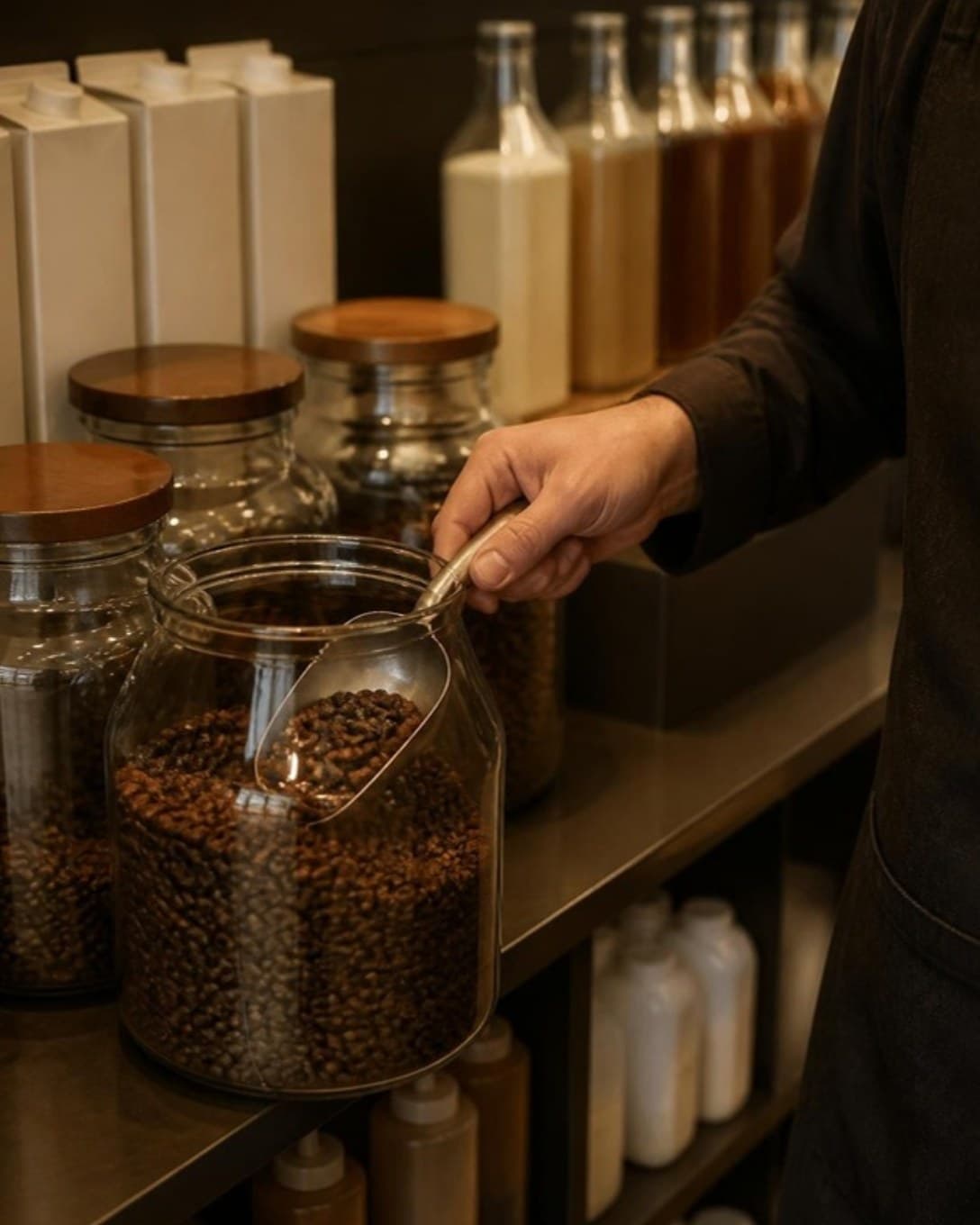 Barista scooping coffee beans from a jar on a shelf