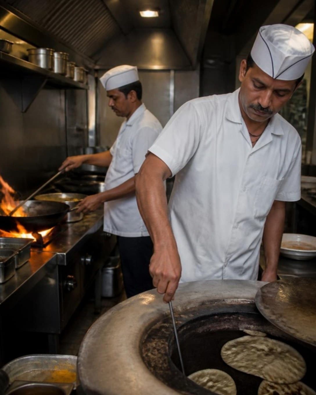 Cooks working at wok and tandoor stations