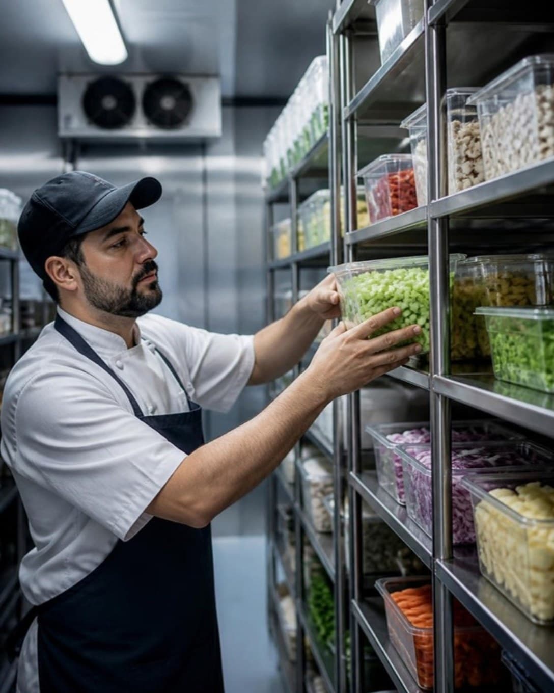 Cook picking a container from storage racks