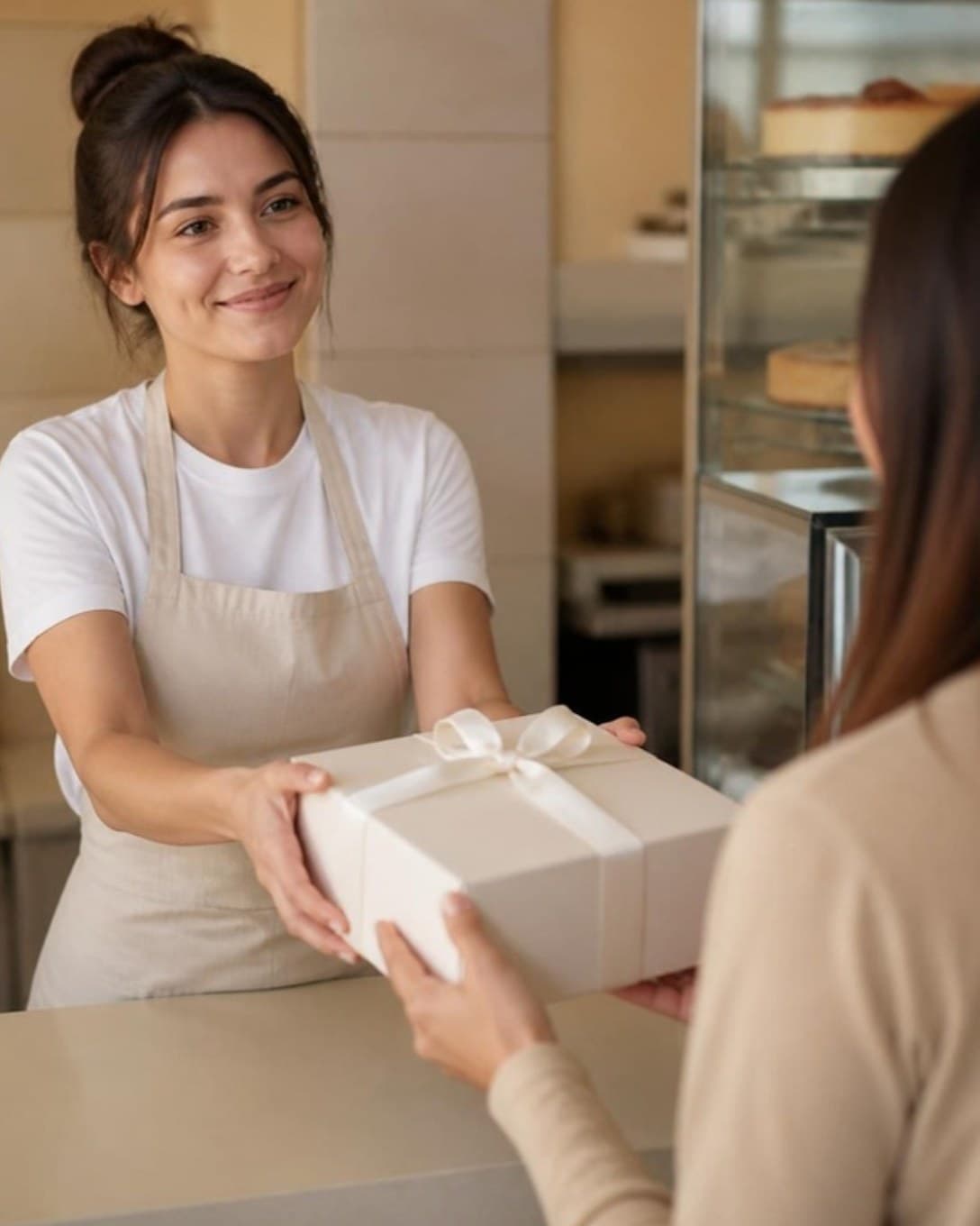 Cake box handed to a customer over the counter