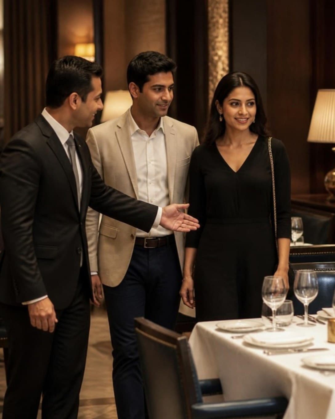 Host guiding a couple to a table in a fine dining restaurant