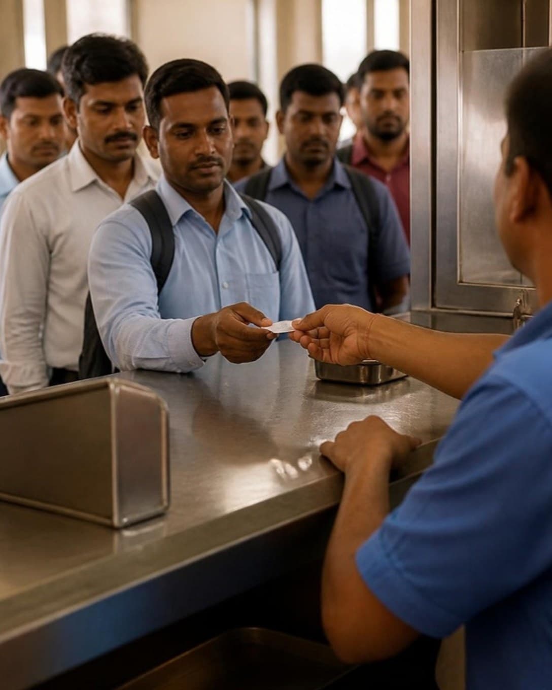 Cashier handing a token to a worker at a canteen counter