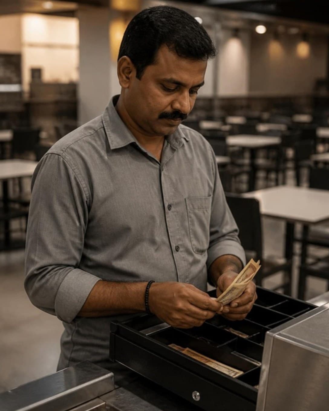 Canteen manager counting cash at the end of a shift