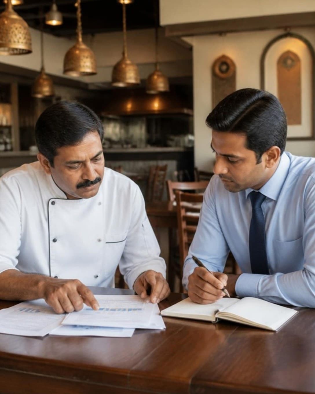 Restaurant owner and manager reviewing reports at a table