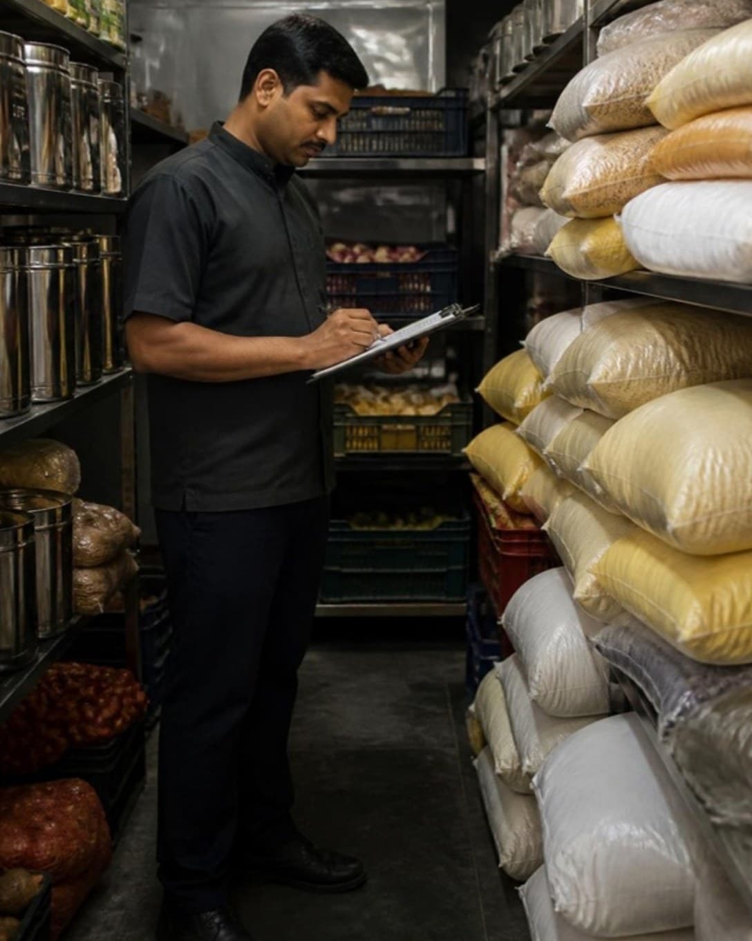 Staff member checking sacks and crates in a store room