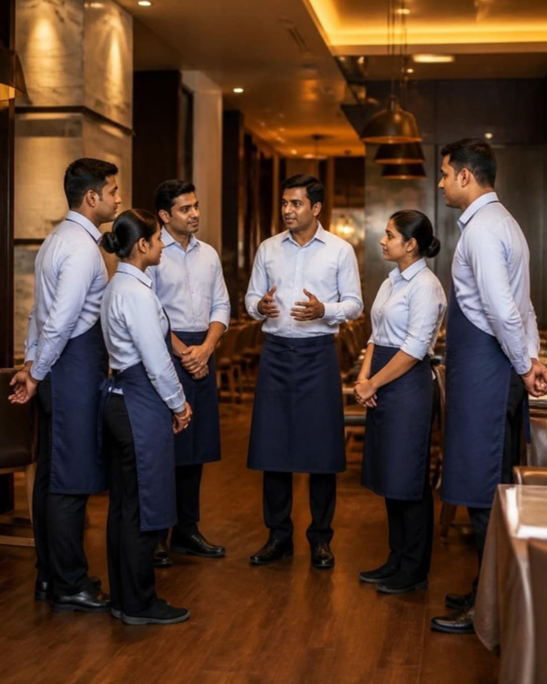 Uniformed restaurant team in a pre-shift briefing