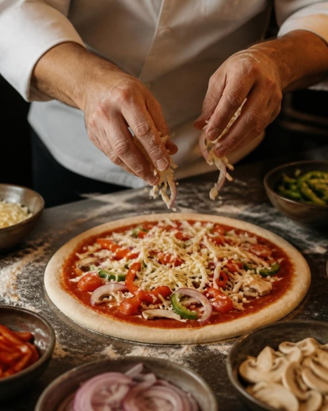 Chef adding toppings to a pizza base