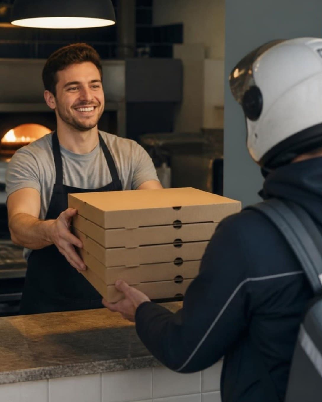 Pizza boxes handed to a delivery rider at the counter