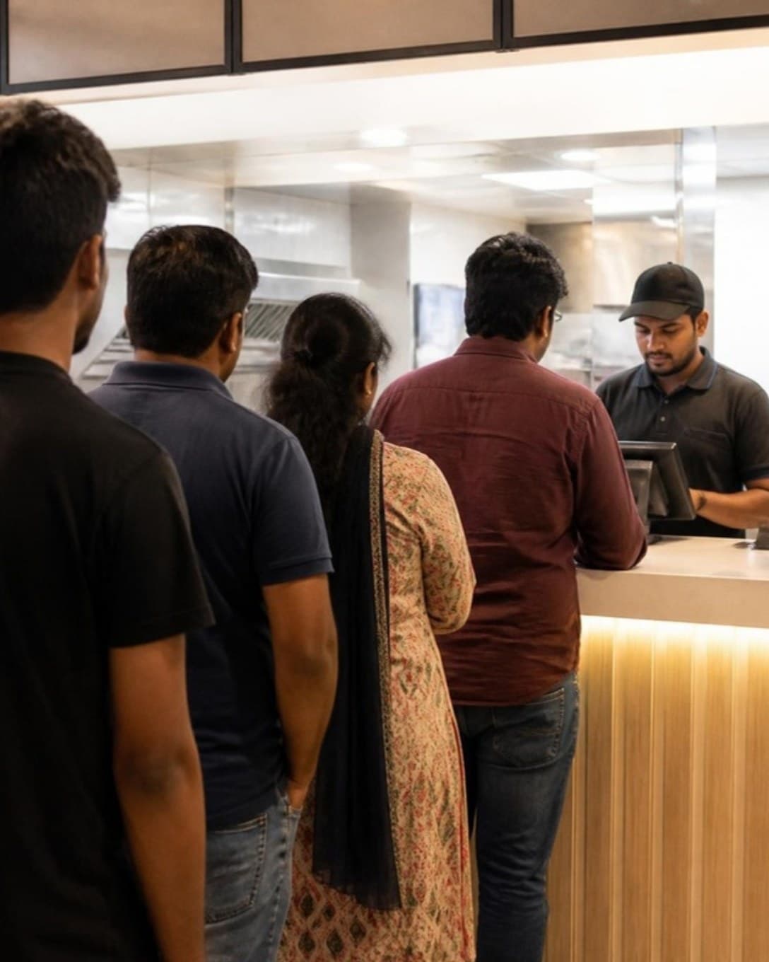 Customers queuing at a quick service restaurant counter