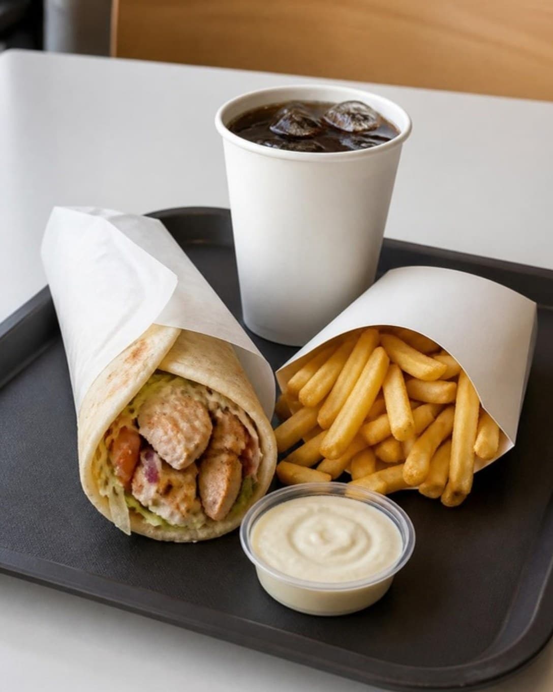 Wrap, fries and a cold drink on a tray