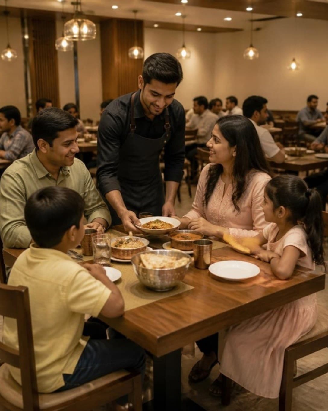 Waiter serving a family at a restaurant table