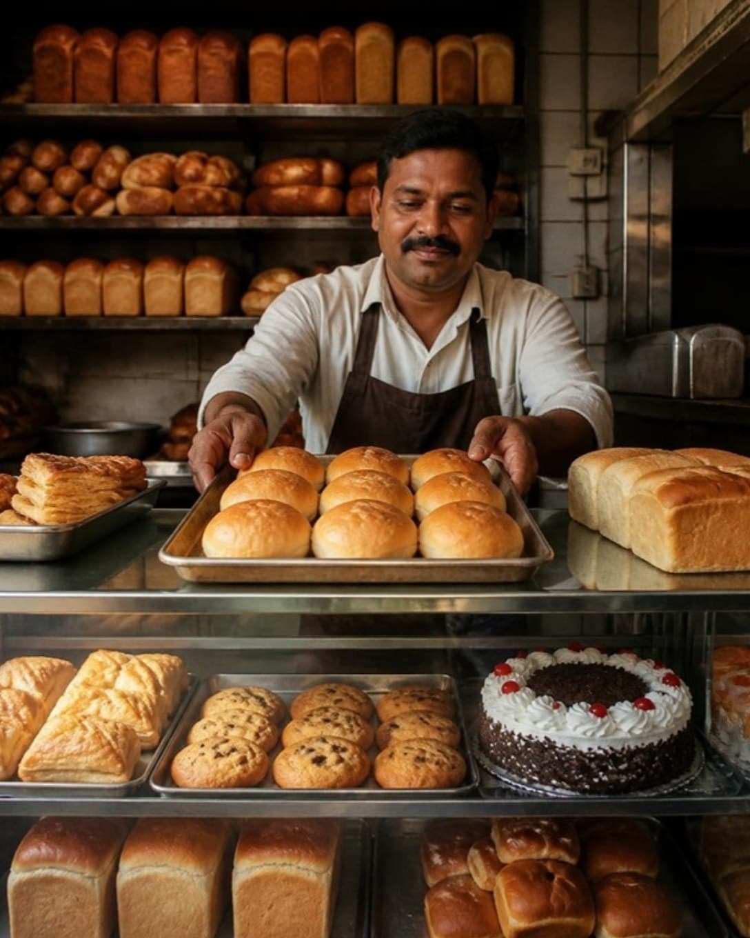 Trays of fresh bread, puffs and a cake in a bakery display