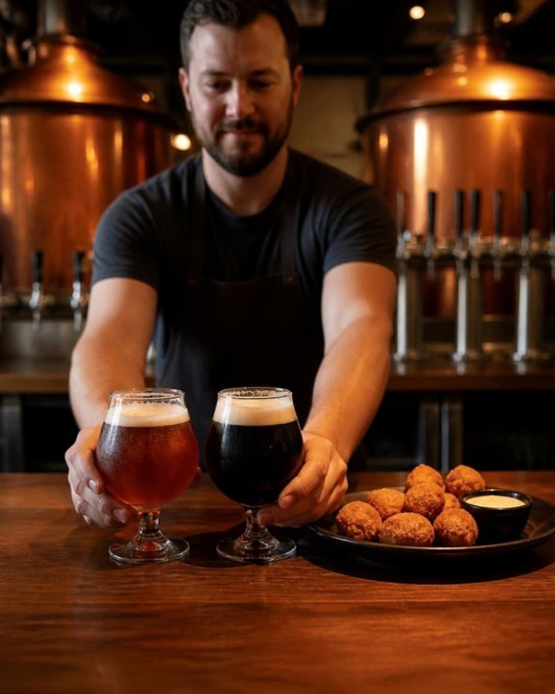 Two glasses of craft beer and bar snacks on a brewery counter