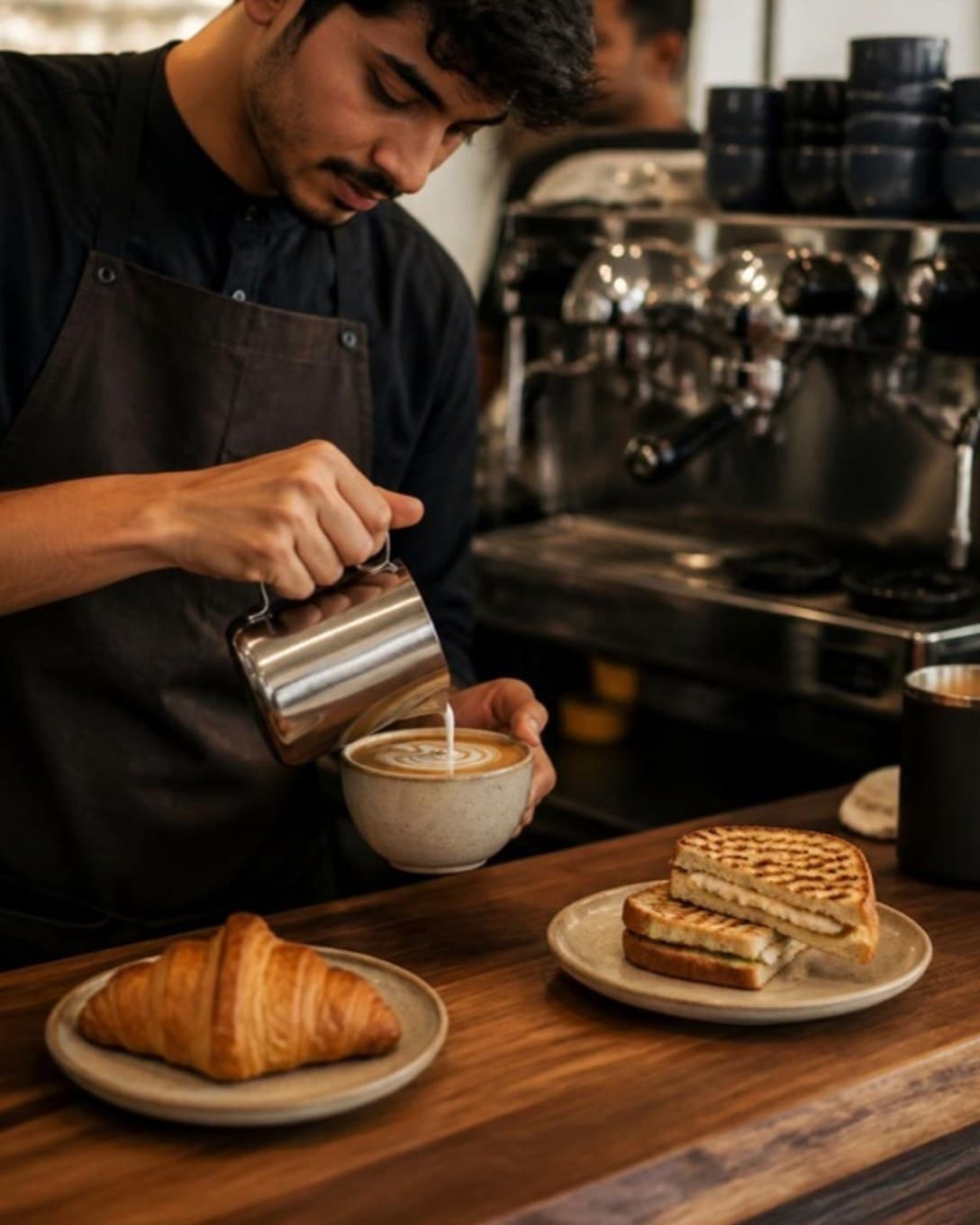 Barista pouring latte art beside a croissant and sandwich