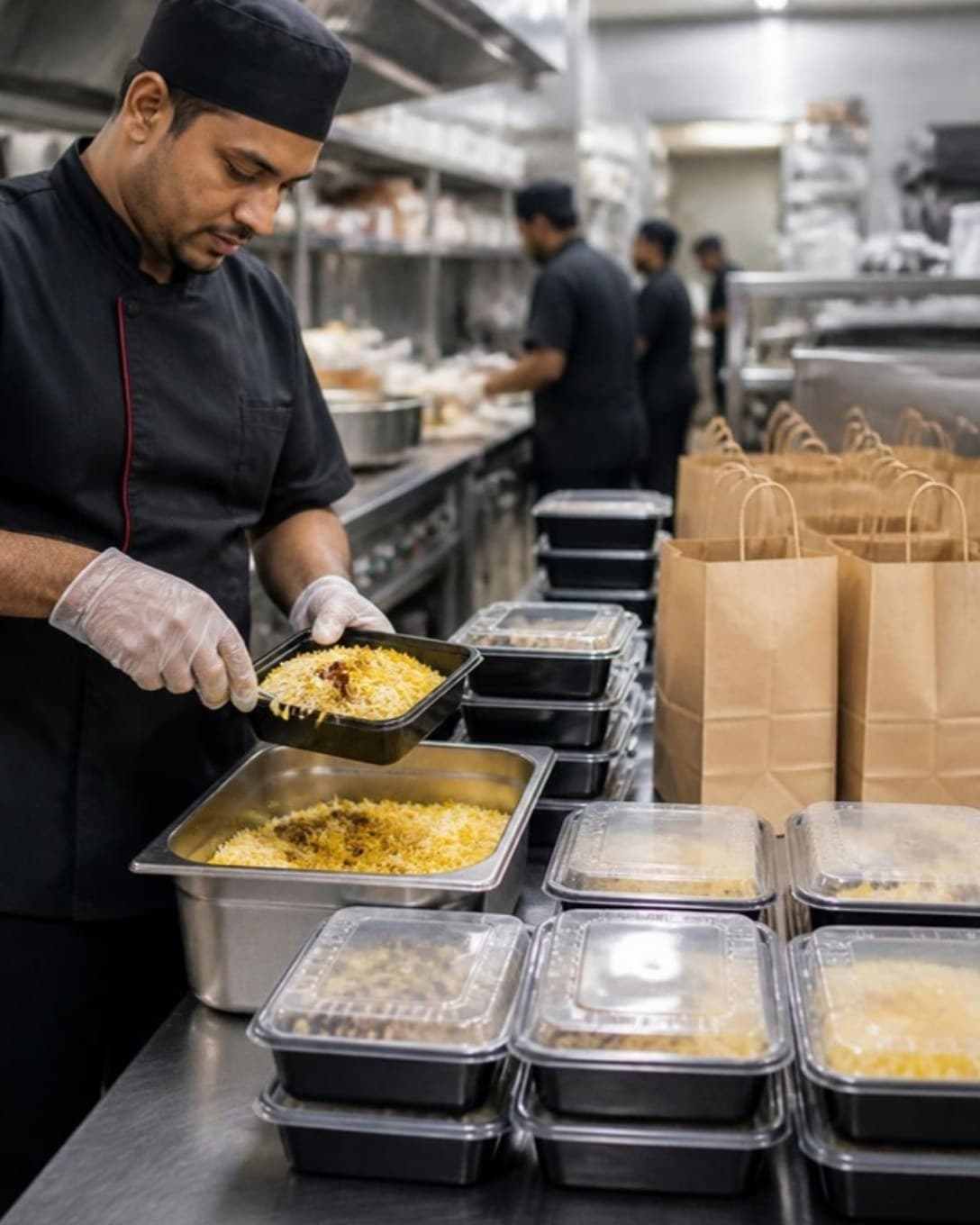 Cook packing food containers at a cloud kitchen packing station