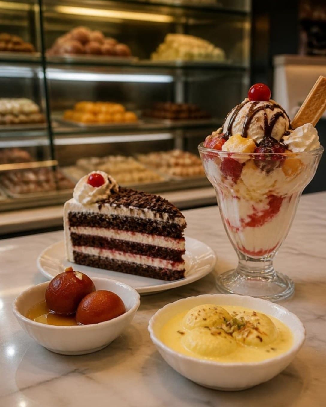 Ice cream sundae, cake slice and Indian sweets on a marble counter