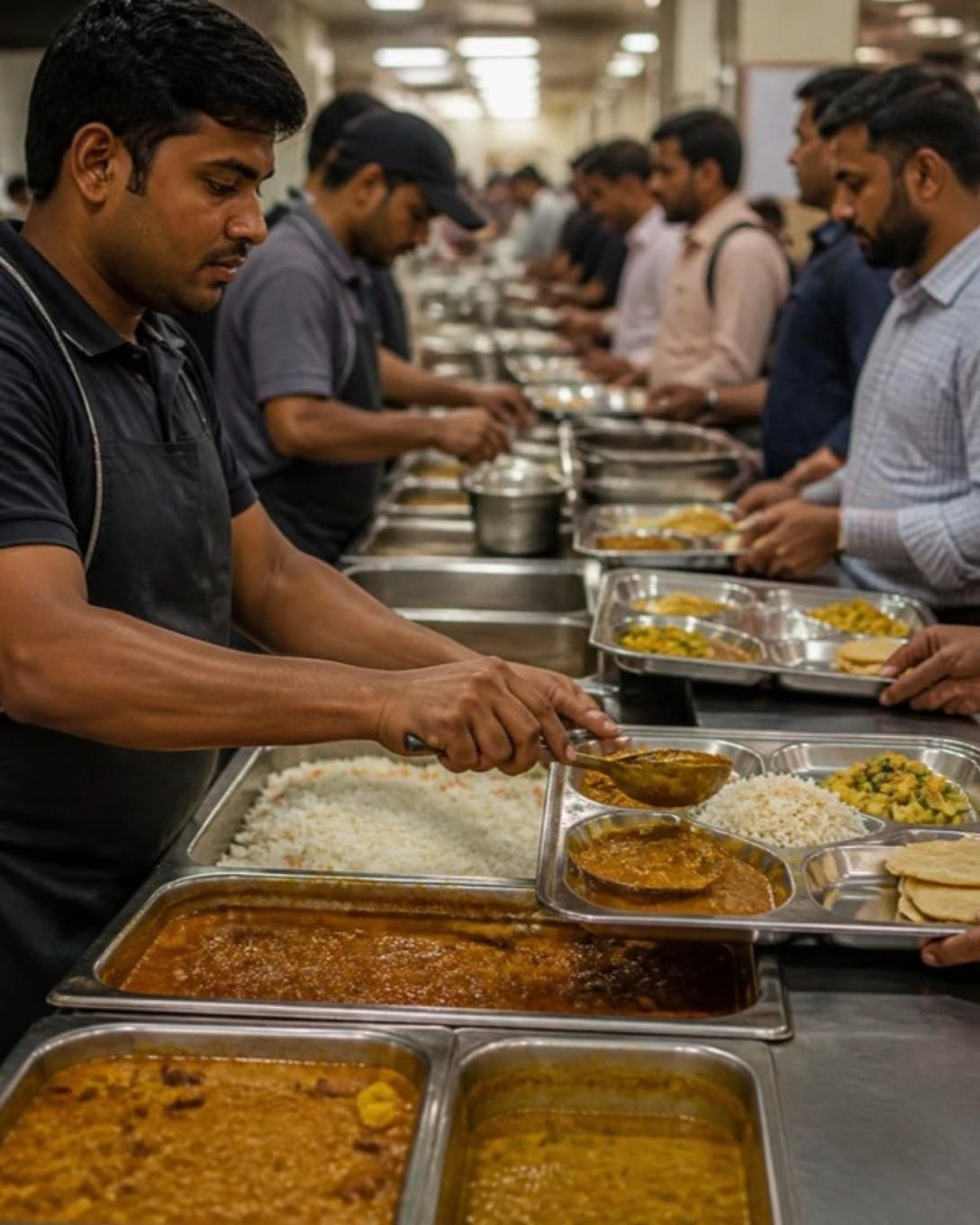 Staff serving thali meals at a busy canteen counter