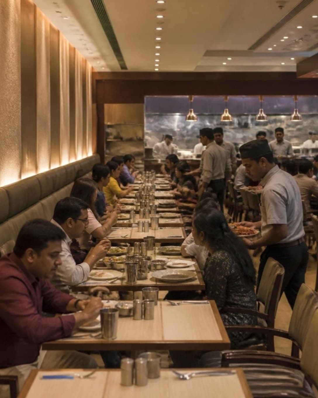 Busy dining hall of a large restaurant with staff serving tables