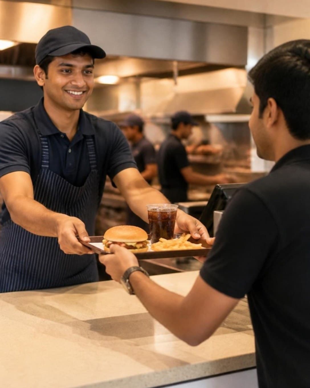 Staff passing a tray with a burger, fries and a drink across the counter