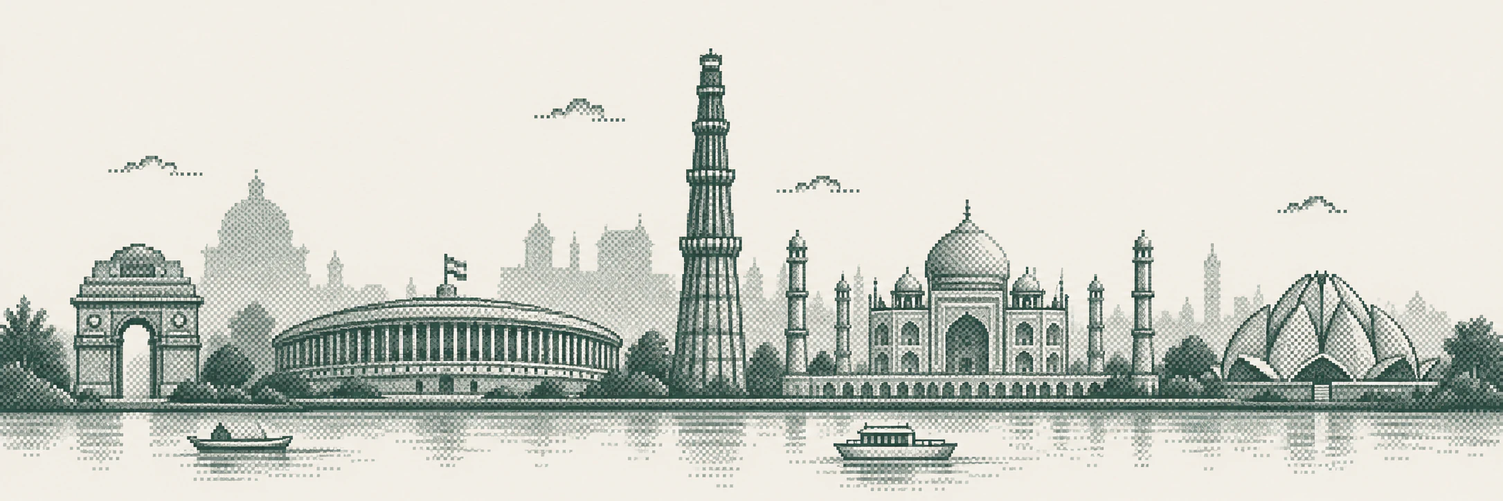 Indian landmarks and waterfront in olive pixel illustration: India Gate, Parliament, Qutub Minar, Taj Mahal and Lotus Temple.